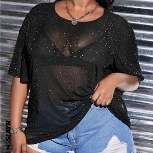 Sequin Detail Drop Shoulder Mesh Top